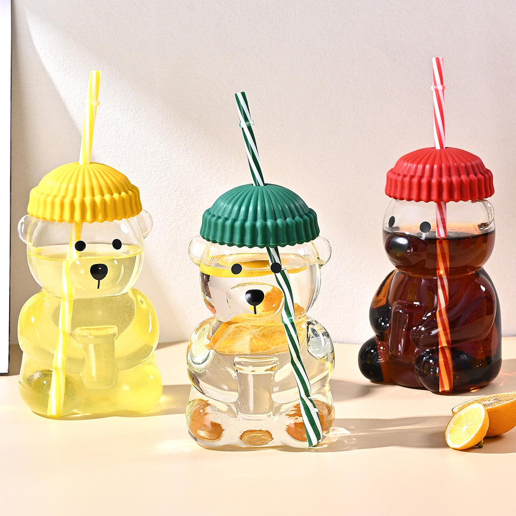 Bear-Shaped Plastic Tumbler with Lid and Reusable Straw, 16.9 fl oz, Clear and Green