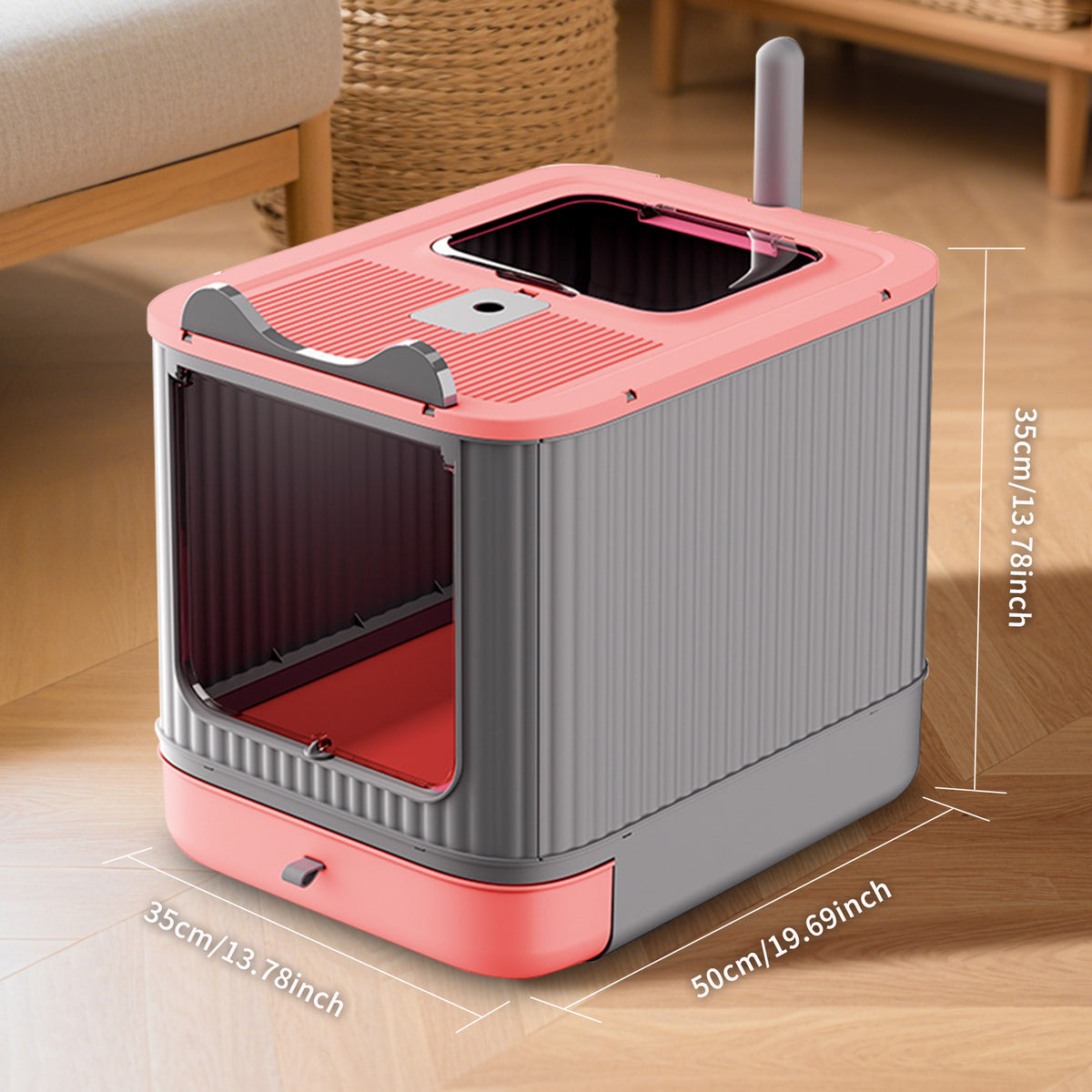 Foldable Enclosed Cat Litter Box with Drawer Tray, Top Exit & Front Entry, Litter Scoop, Gray and Pink, 19.69" x 13.78" x 13.78"