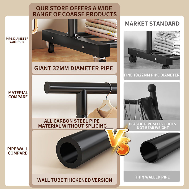 1.5m Double Round Straight Rod Clothes Rack - Black with Casters