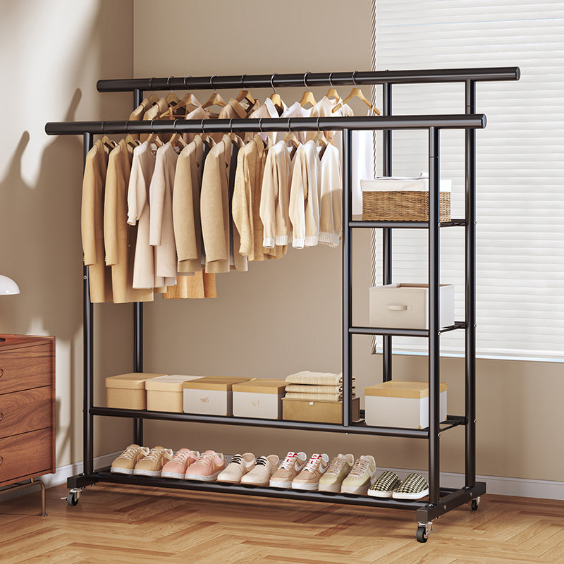 1.5m Double Round Straight Rod Clothes Rack - Black with Casters