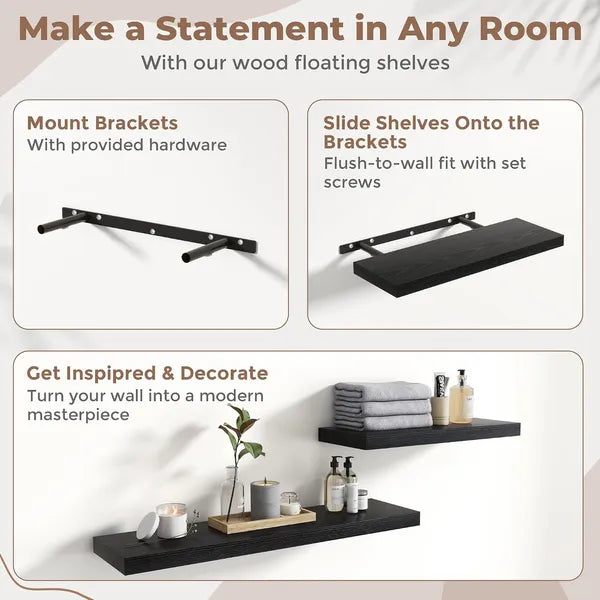 AEELLEEA 8 Inch Floating Shelves Set of 3, Engineered Wood Wall Shelves with Invisible Brackets, Wood Grain Display Racks for Living Room Bedroom