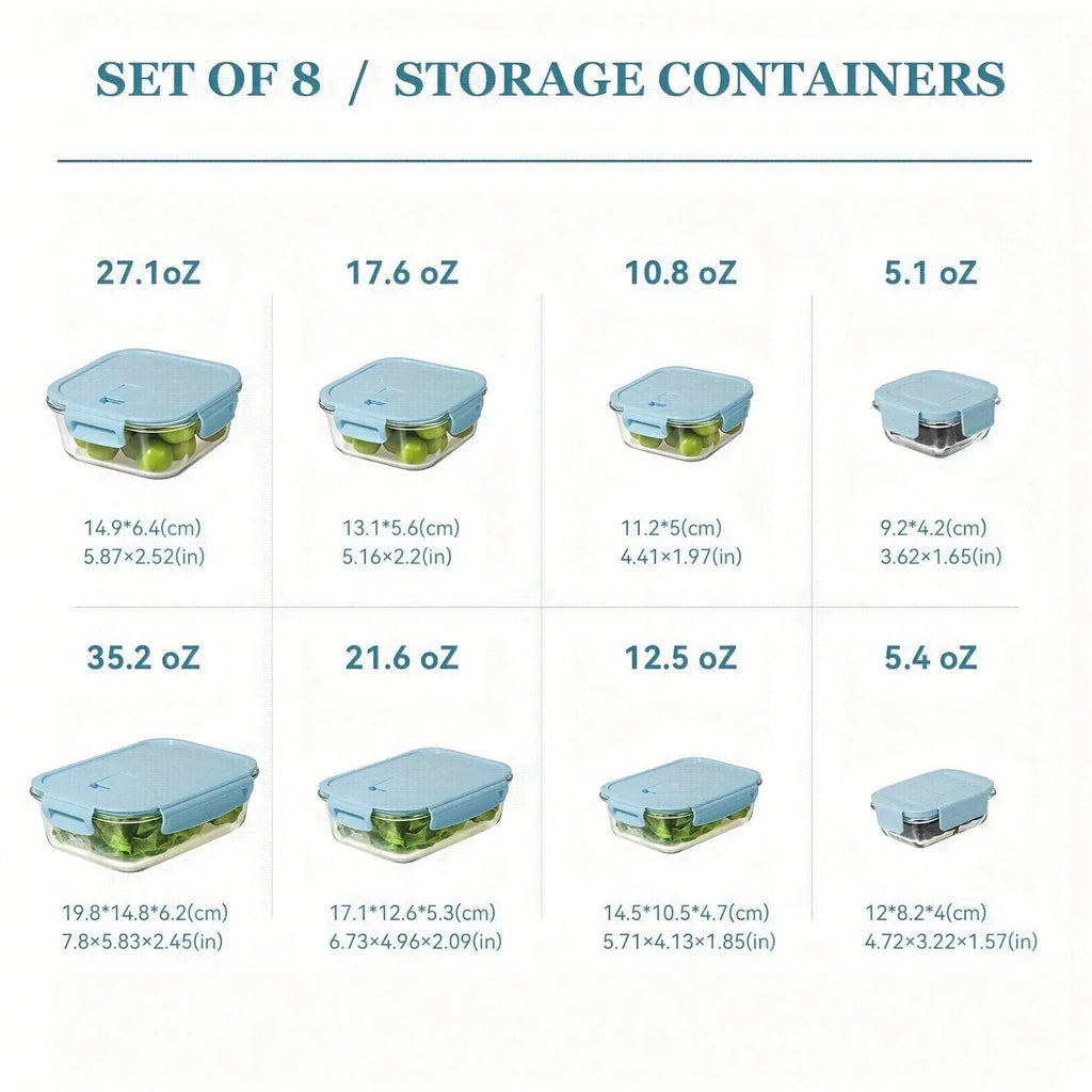 8 Piece Glass Food Storage Containers with Light Blue Lids, Airtight Leak Proof Meal Prep Containers, Microwave Freezer Dishwasher Safe Stackable Food Boxes for Kitchen