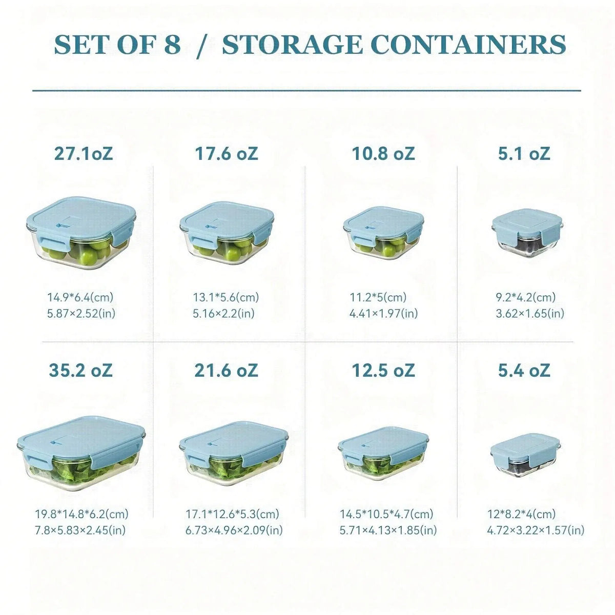 8 Piece Glass Food Storage Containers with Light Blue Lids, Airtight Leak Proof Meal Prep Containers, Microwave Freezer Dishwasher Safe Stackable Food Boxes for Kitchen