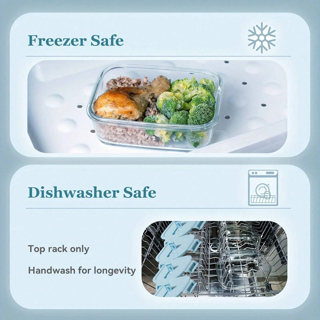 8 Piece Glass Food Storage Containers with Light Blue Lids, Airtight Leak Proof Meal Prep Containers, Microwave Freezer Dishwasher Safe Stackable Food Boxes for Kitchen