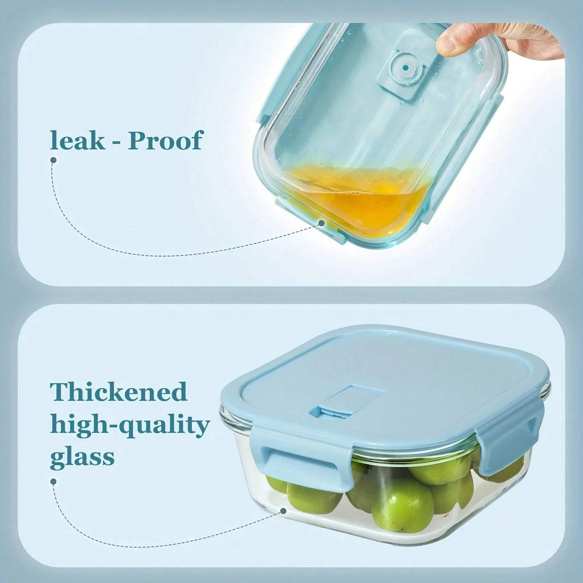 8 Piece Glass Food Storage Containers with Light Blue Lids, Airtight Leak Proof Meal Prep Containers, Microwave Freezer Dishwasher Safe Stackable Food Boxes for Kitchen