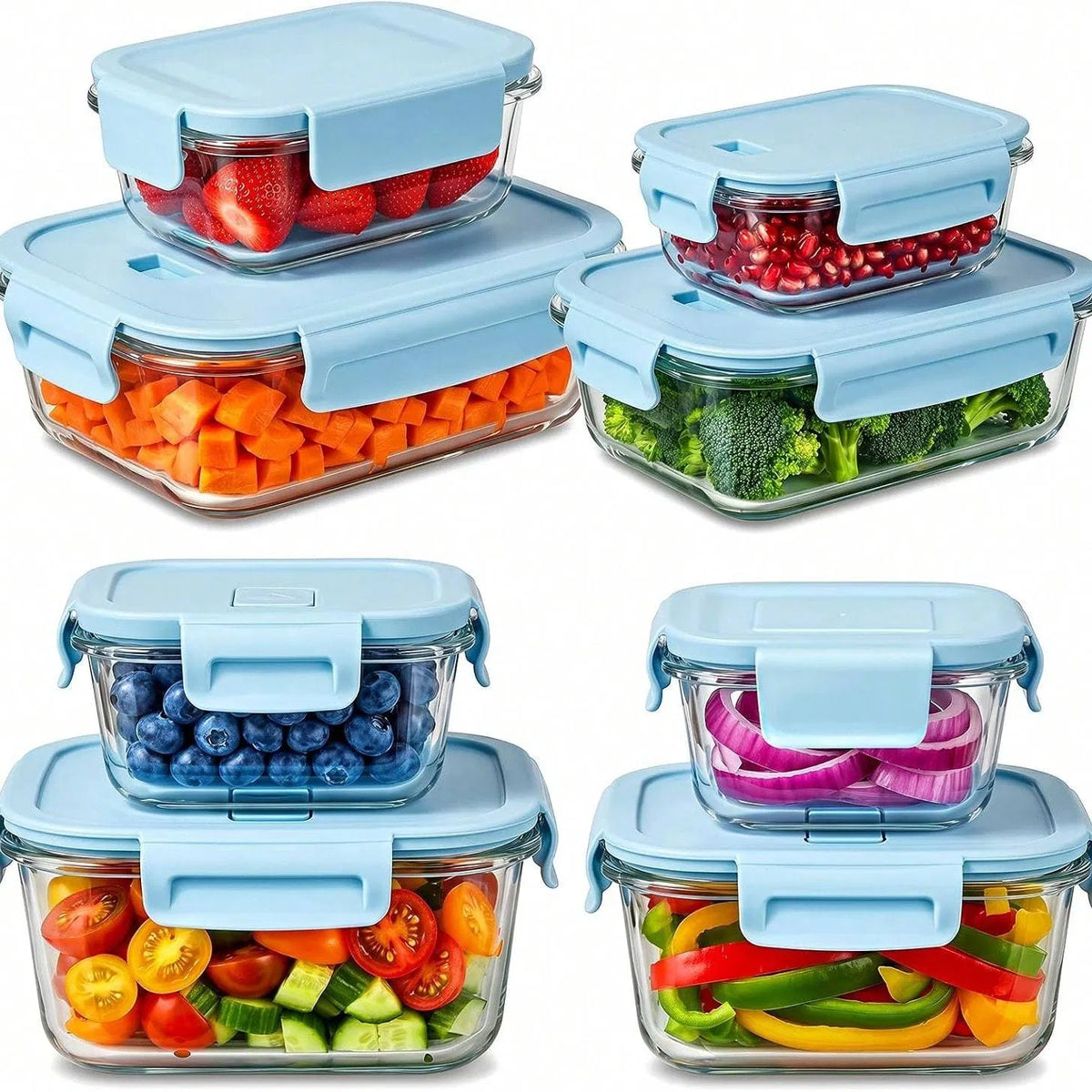 8 Piece Glass Food Storage Containers with Light Blue Lids, Airtight Leak Proof Meal Prep Containers, Microwave Freezer Dishwasher Safe Stackable Food Boxes for Kitchen