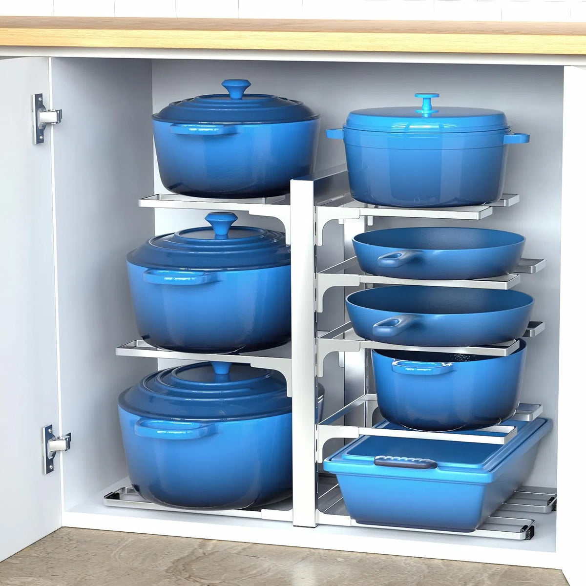 8‑Tier Adjustable Pots and Pans Organizer, Heavy‑Duty 120‑lb Iron Cookware Storage Rack Silver for Inside Kitchen Cabinet