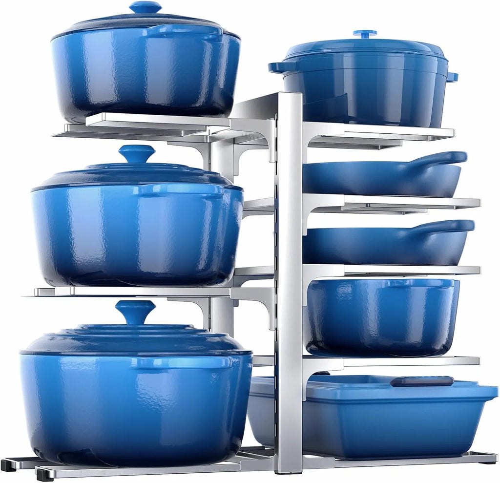 8‑Tier Adjustable Pots and Pans Organizer, Heavy‑Duty 120‑lb Iron Cookware Storage Rack Silver for Inside Kitchen Cabinet