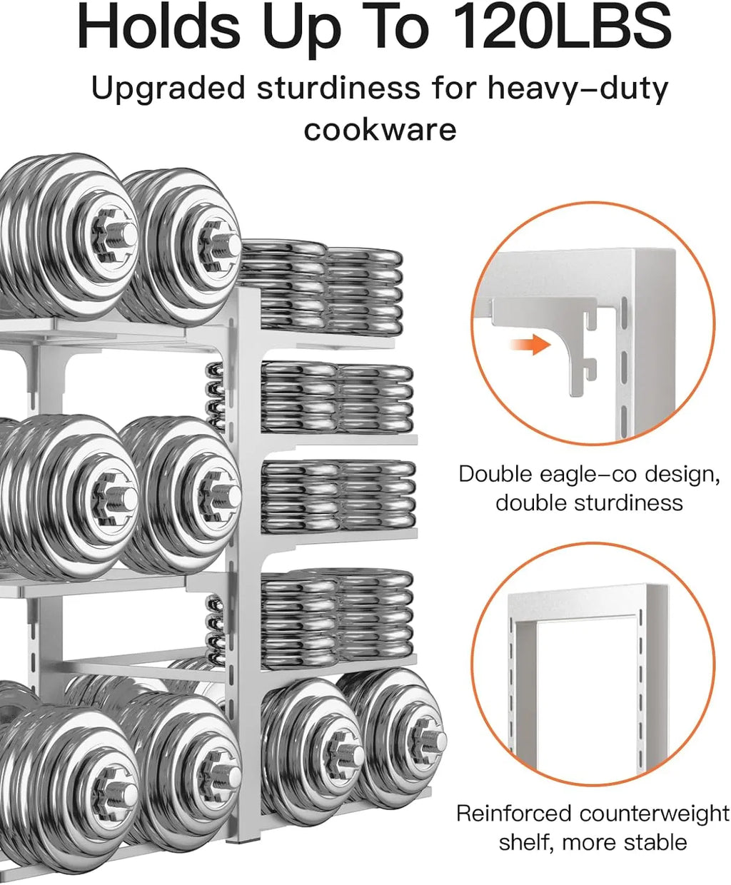 8‑Tier Adjustable Pots and Pans Organizer, Heavy‑Duty 120‑lb Iron Cookware Storage Rack Silver for Inside Kitchen Cabinet