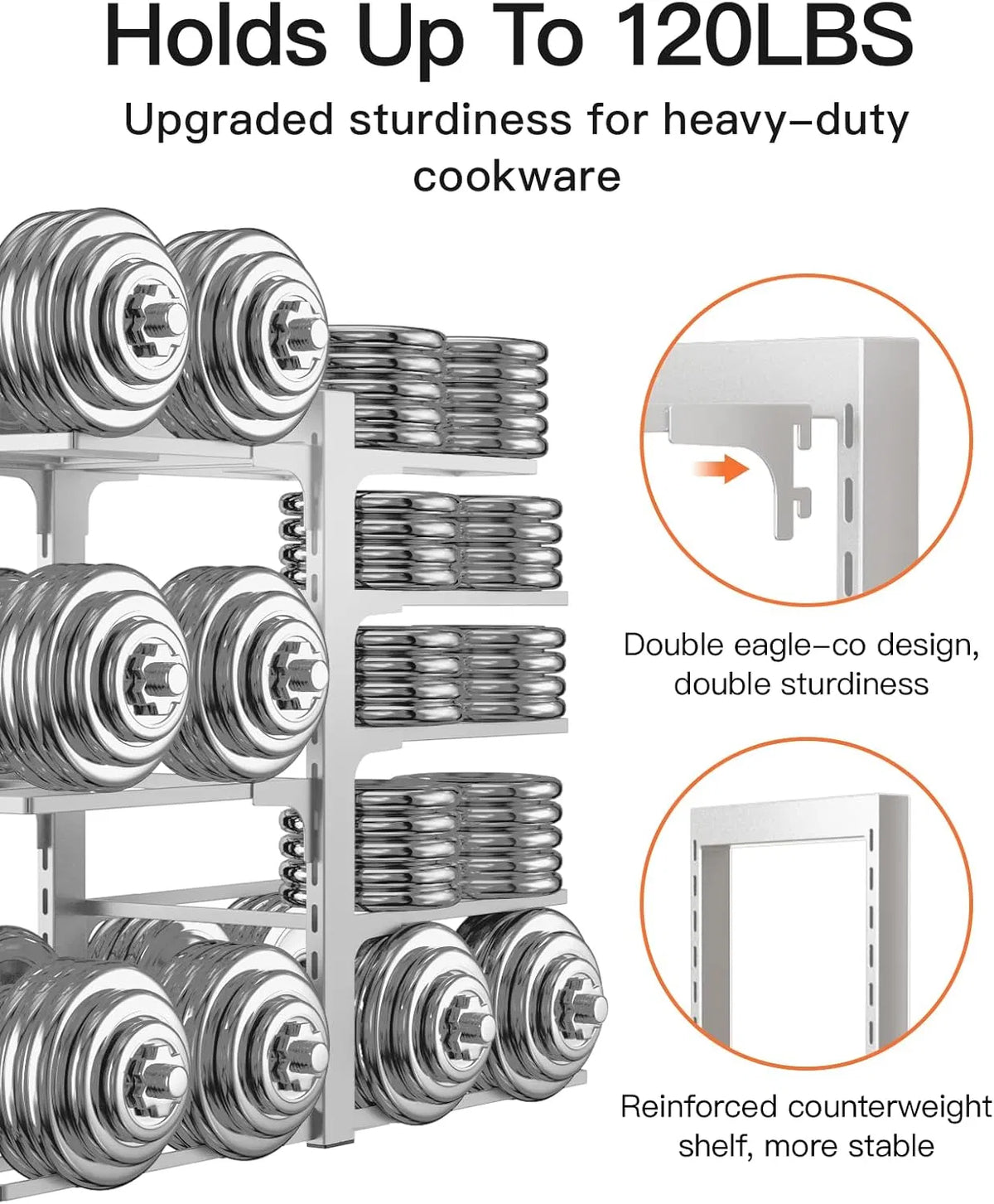 8‑Tier Adjustable Pots and Pans Organizer, Heavy‑Duty 120‑lb Iron Cookware Storage Rack Silver for Inside Kitchen Cabinet