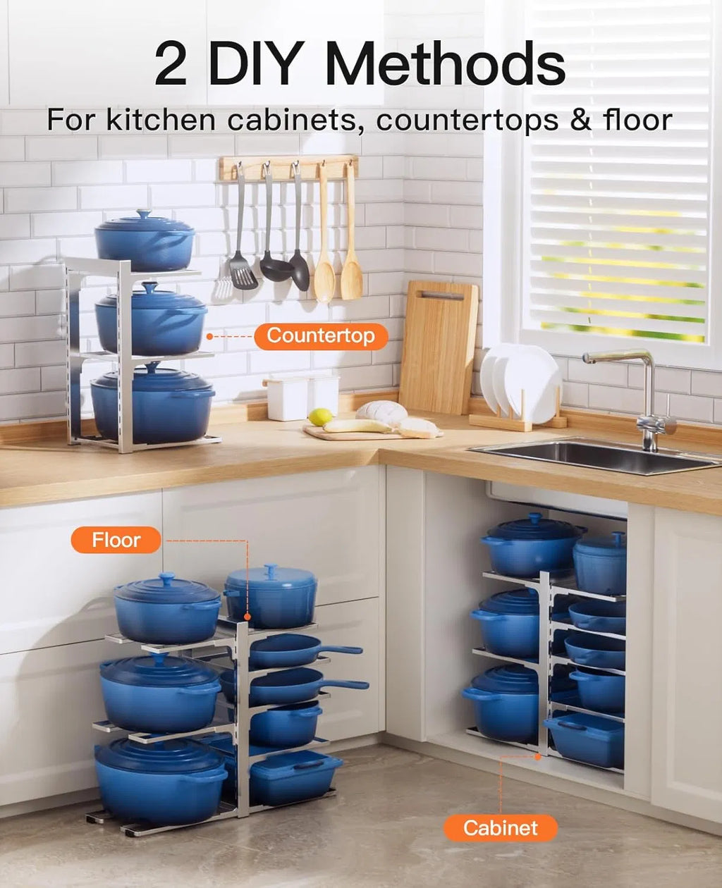 8‑Tier Adjustable Pots and Pans Organizer, Heavy‑Duty 120‑lb Iron Cookware Storage Rack Silver for Inside Kitchen Cabinet
