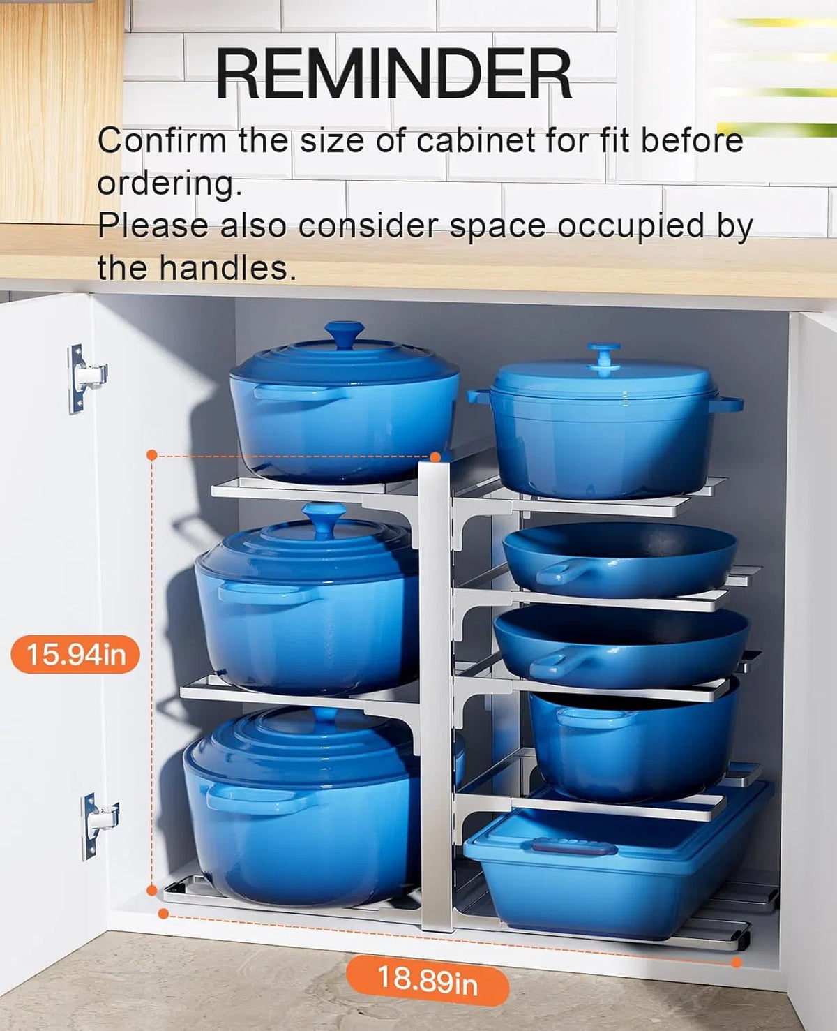 8‑Tier Adjustable Pots and Pans Organizer, Heavy‑Duty 120‑lb Iron Cookware Storage Rack Silver for Inside Kitchen Cabinet