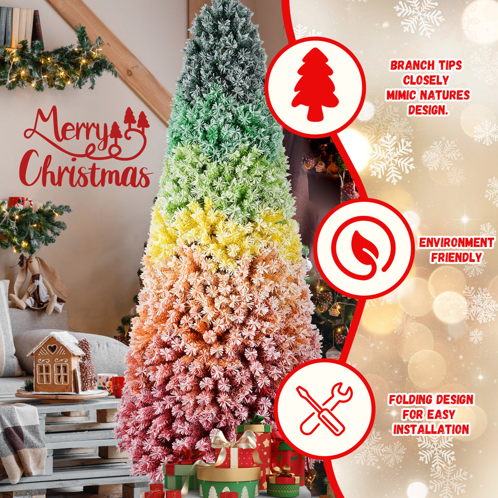 6FT/7.5FT Rainbow Gradient Christmas Tree, Snow Flocked Artificial Xmas Tree with Metal Stand for Holiday Decoration