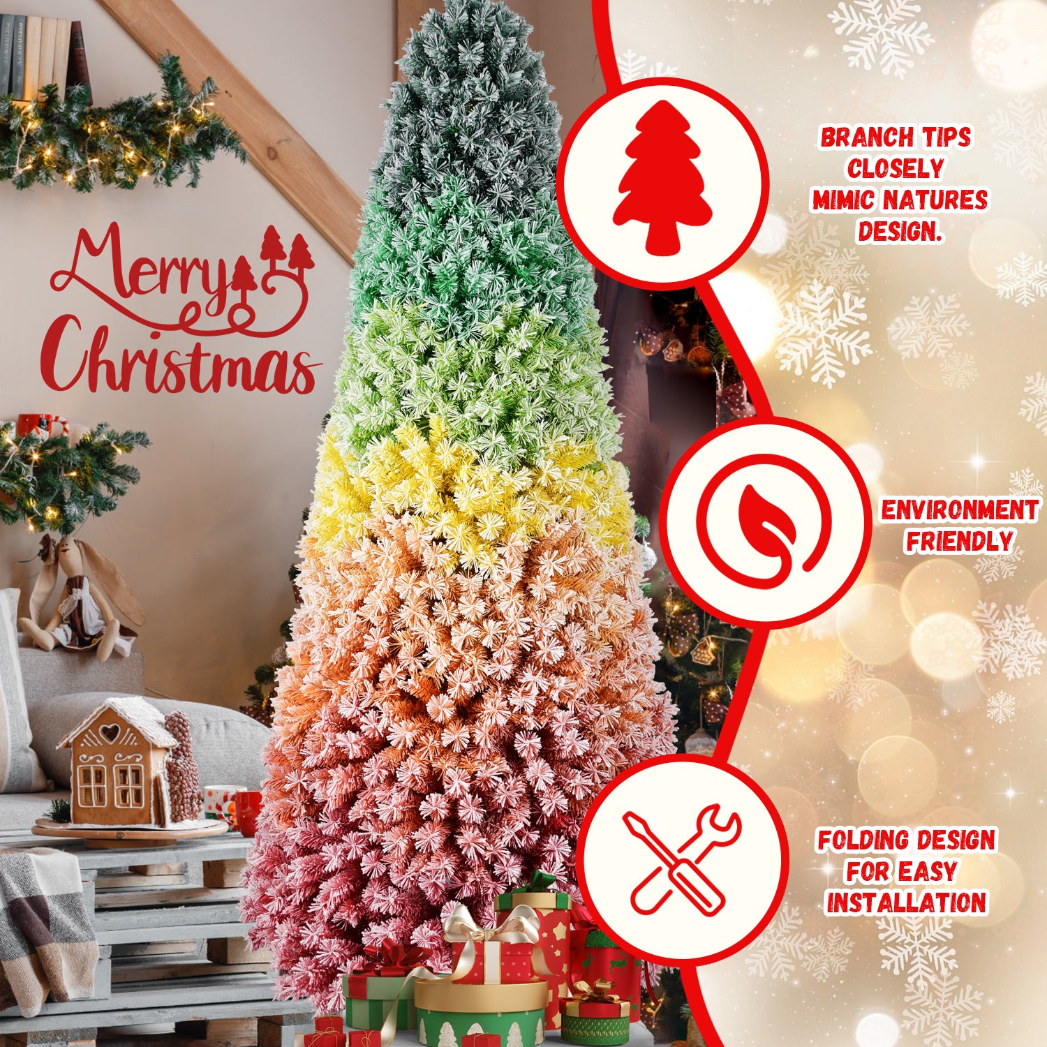 6FT/7.5FT Rainbow Gradient Christmas Tree, Snow Flocked Artificial Xmas Tree with Metal Stand for Holiday Decoration