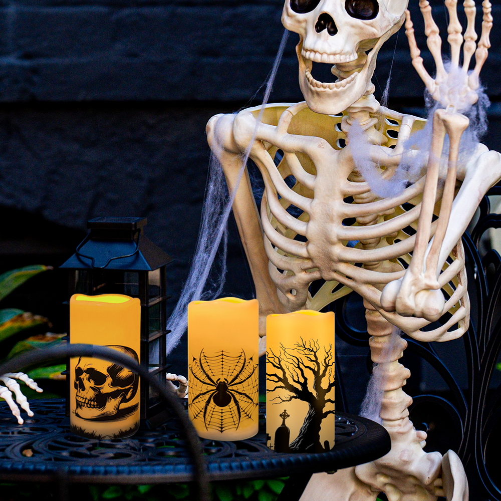 Halloween LED Flameless Flickering Candles,Horror stickers such as skeletons, spider webs, crows, ravens, etc., Halloween-themed indoor decorations (3-piece set, diameter 3 inches x height 6 inches)