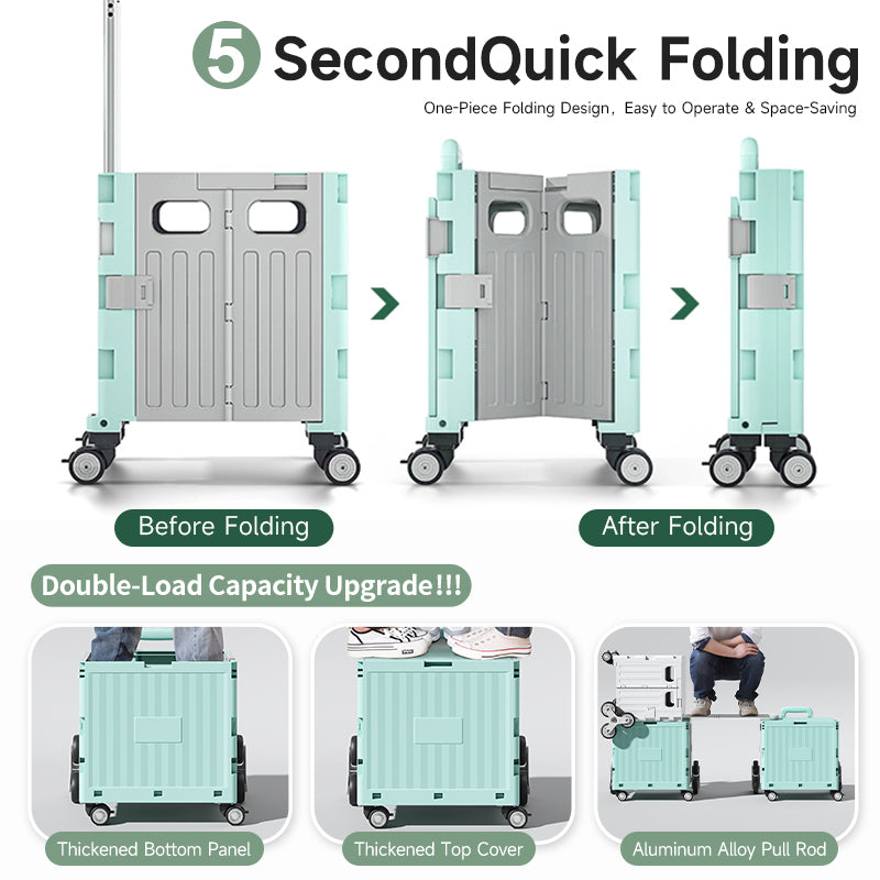 Foldable Utility Cart Portable Rolling Crate with Lid Collapsible Handcart Shopping Trolley Telescopic Handle 4 Wheels for Picnic Camping Outdoor Use