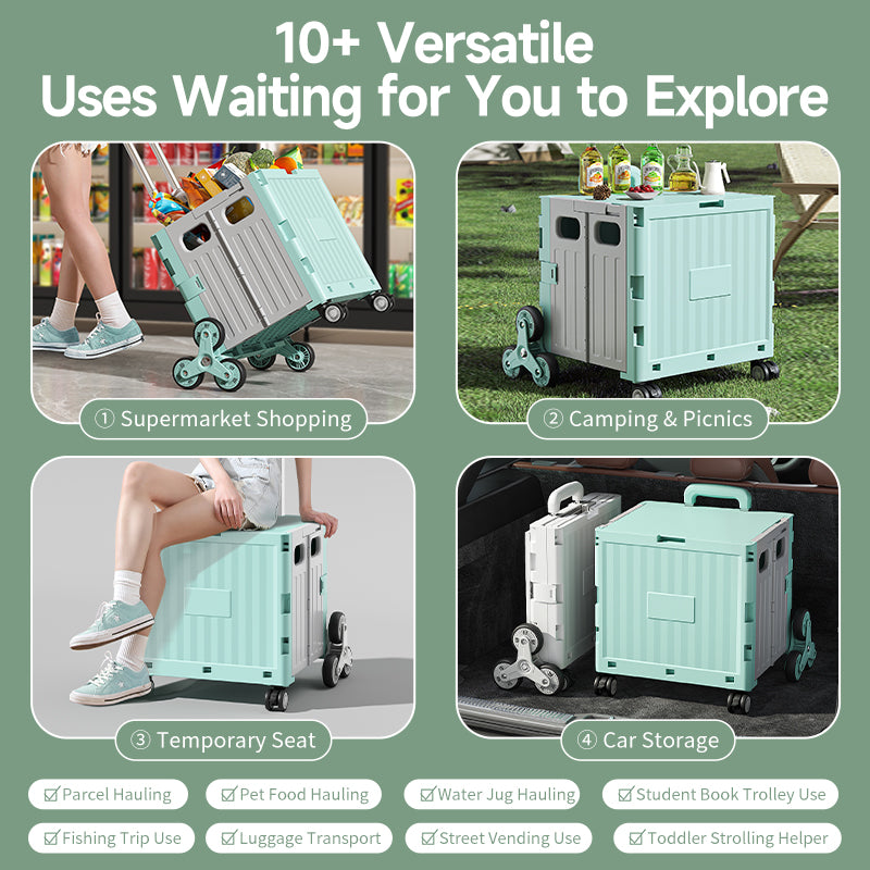 Foldable Utility Cart Portable Rolling Crate with Lid Collapsible Handcart Shopping Trolley Telescopic Handle 4 Wheels for Picnic Camping Outdoor Use