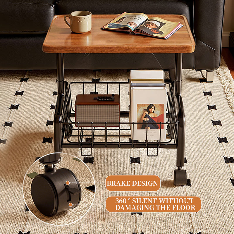 Mobile Sofa Side Table Cart, 2-Tier Design with Removable Metal Basket, 360° Rolling Storage Table for Bedside Living Room