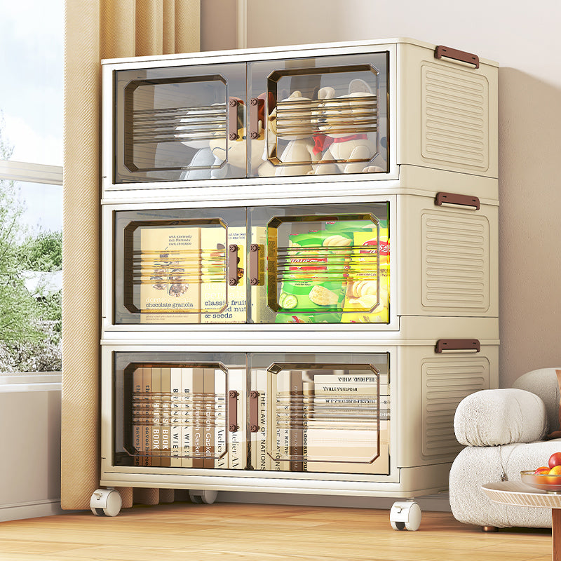 AEELLEEA Stackable Foldable Lidded Storage Bins with Doors & Wheels - Foldable Storage Cabinet for Home, Dorm & Office