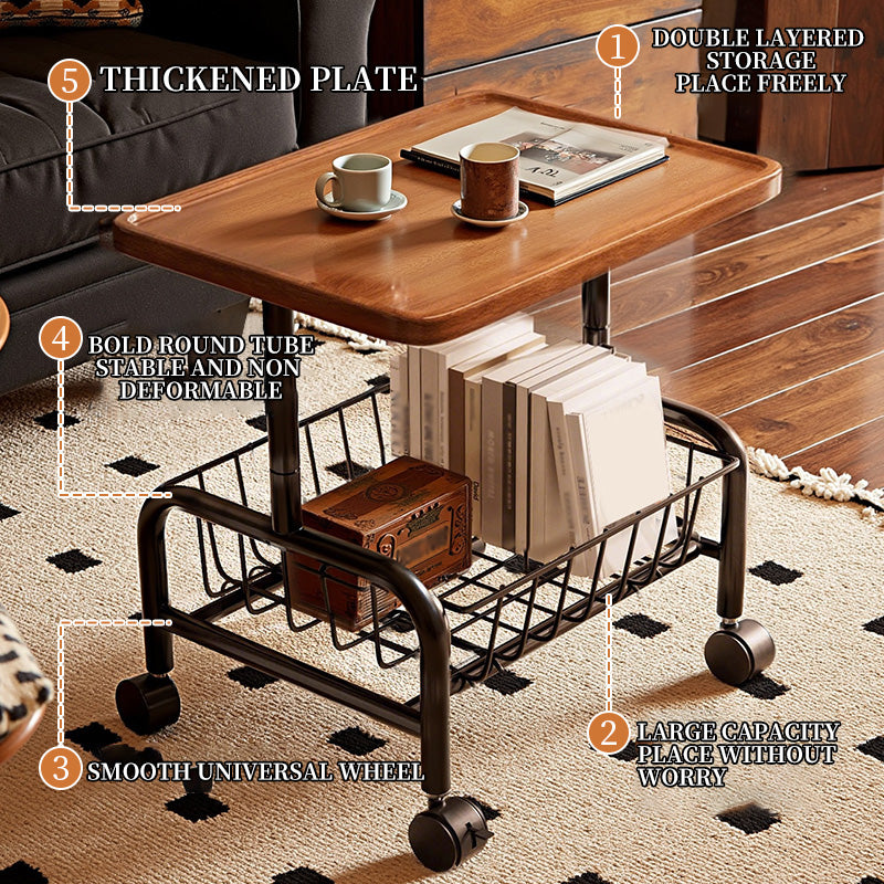 Mobile Sofa Side Table Cart, 2-Tier Design with Removable Metal Basket, 360° Rolling Storage Table for Bedside Living Room