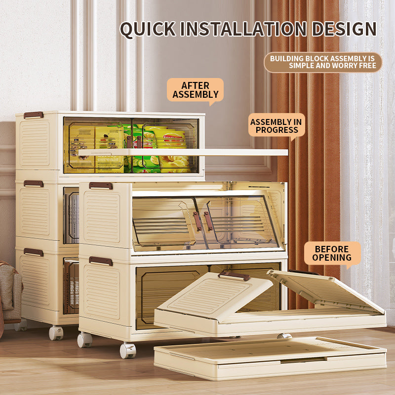 Stackable Foldable Lidded Storage Bins with Doors & Wheels - Foldable Storage Cabinet for Home, Dorm & Office