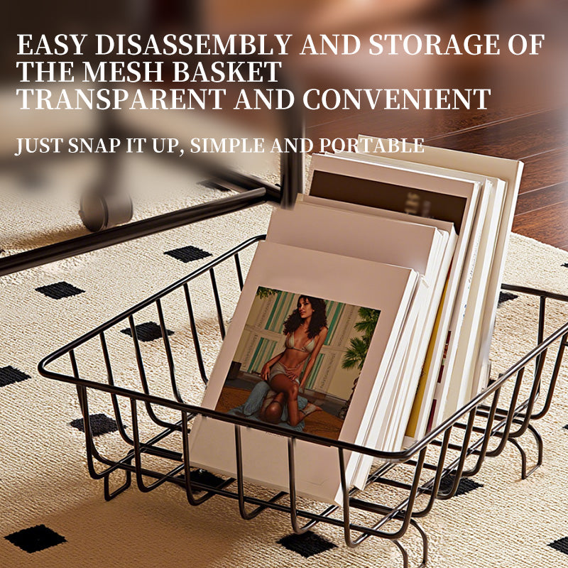 Mobile Sofa Side Table Cart, 2-Tier Design with Removable Metal Basket, 360° Rolling Storage Table for Bedside Living Room