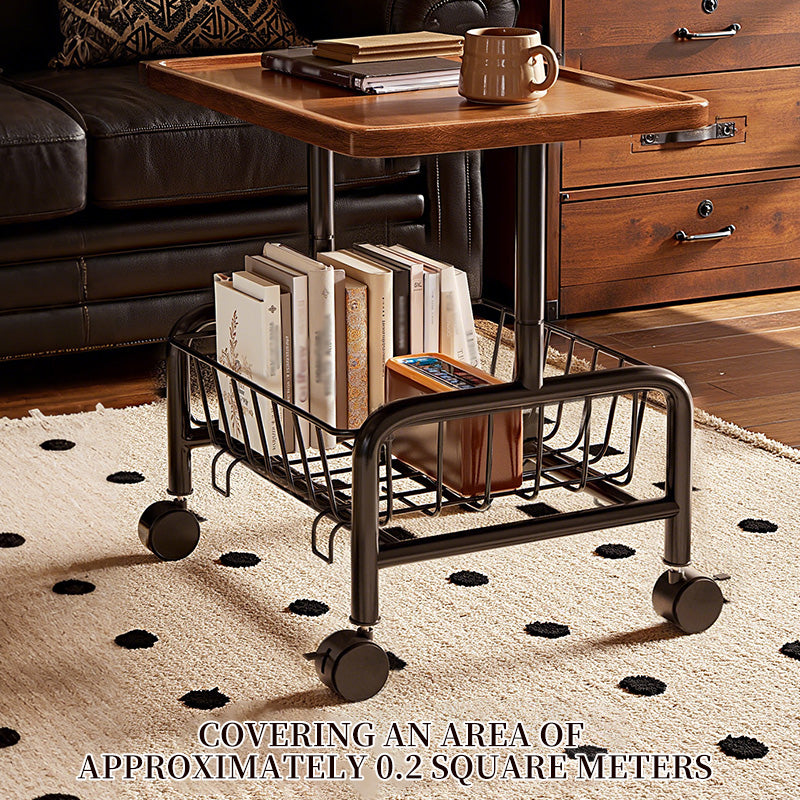 Mobile Sofa Side Table Cart, 2-Tier Design with Removable Metal Basket, 360° Rolling Storage Table for Bedside Living Room