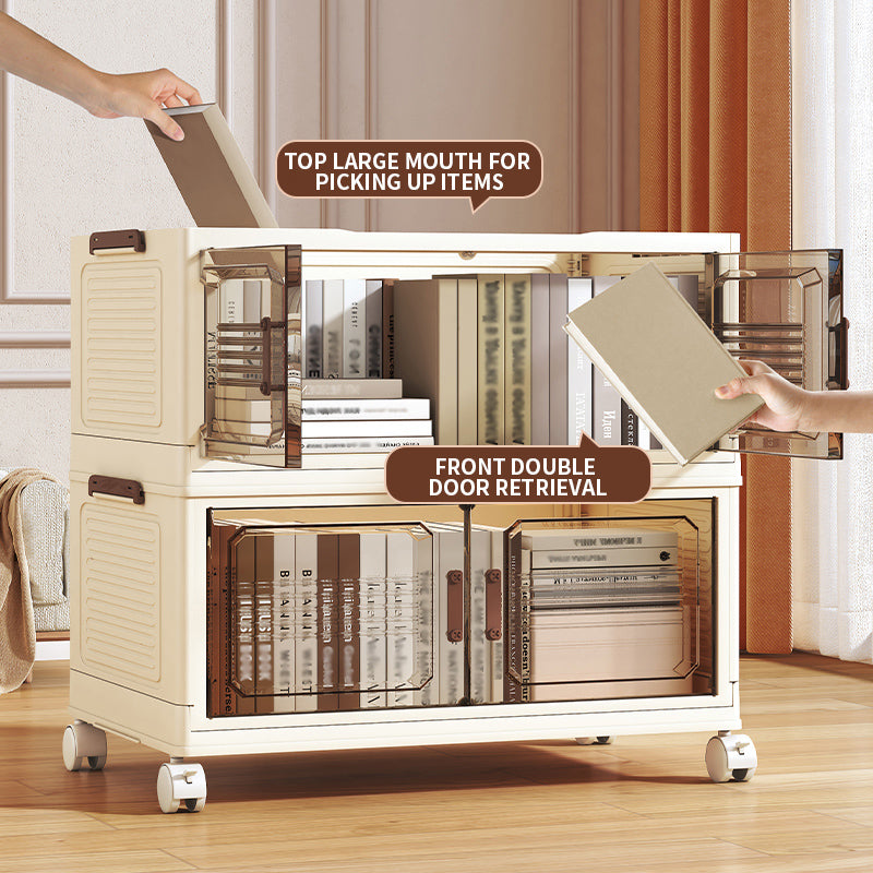 AEELLEEA Stackable Foldable Lidded Storage Bins with Doors & Wheels - Foldable Storage Cabinet for Home, Dorm & Office