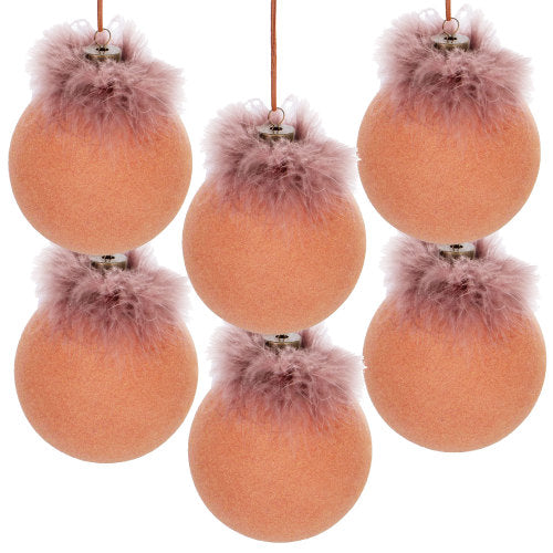 Christmas Ornaments 6 Pack, Sand Beige Frosted Ball with Pink Fur Accent, Hanging Tree Decor with String
