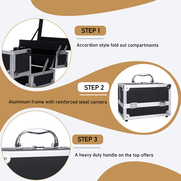 Portable Diamond Texture Aluminum Makeup Storage Bag with Mirror & Key Black