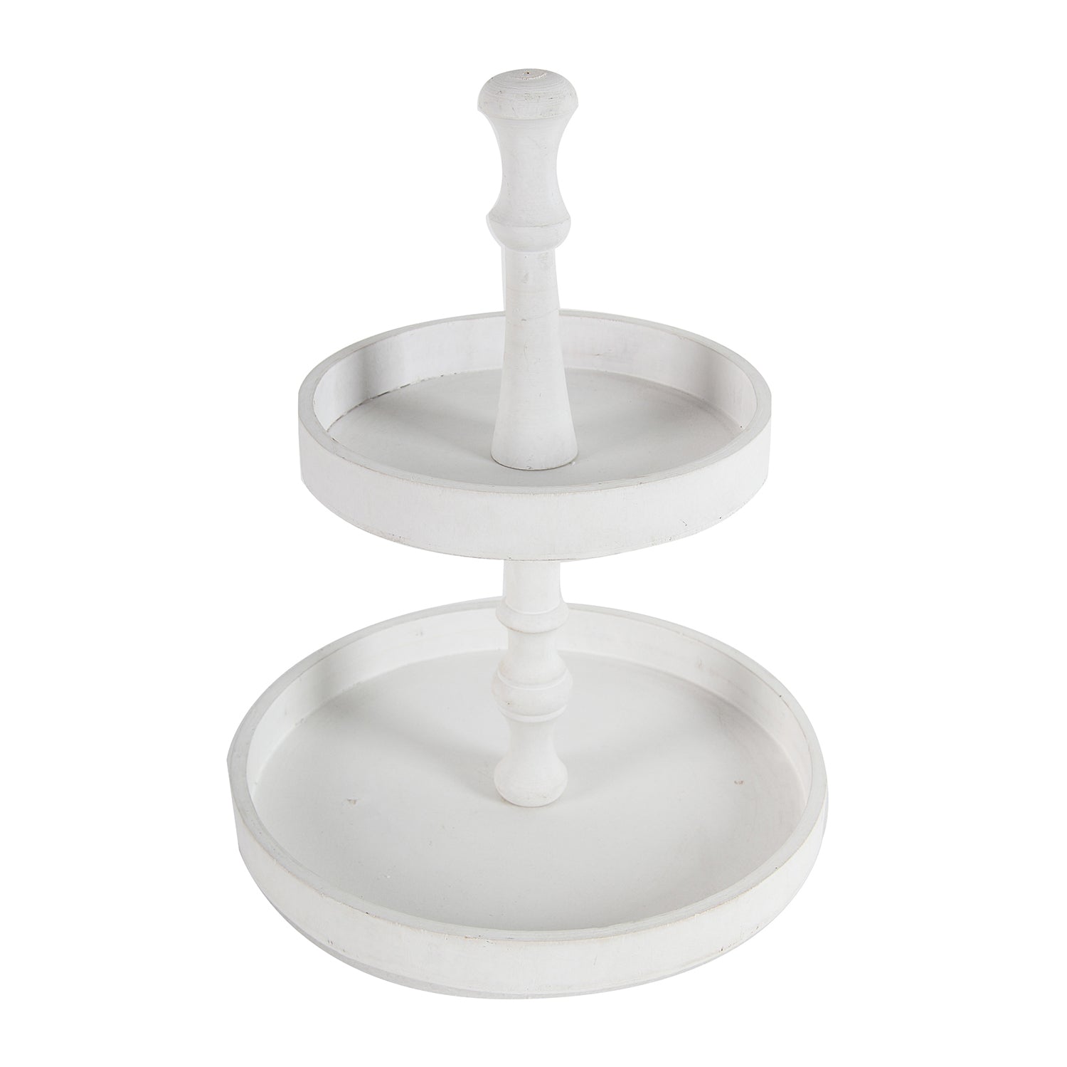 White Two-Tiered Round Wooden Serving Stand, 11.8x15.4 Inch Farmhouse Tiered Tray Decor, 2 Tier Round Display Tray for Kitchen Countertop Coffee Bar Party Dessert Storage