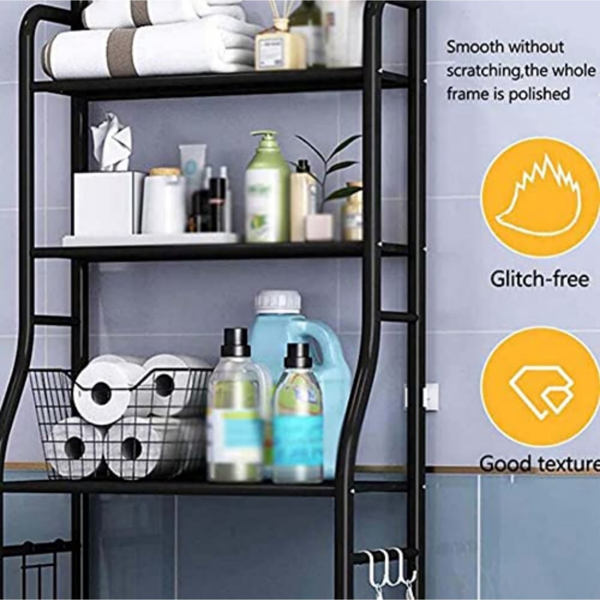 AEELLEEA 3-Tier Over-the-Toilet Storage Rack, Freestanding Bathroom Organizer Shelf with Adjustable Feet and Hooks, Black
