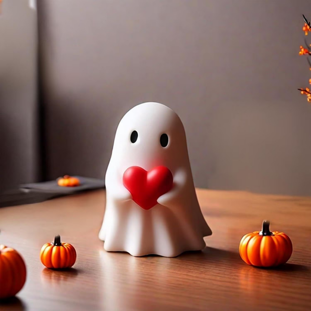 AEELLEEA Cute Ghost Figurine with Red Heart, Resin Halloween Tabletop Decor, Small Spooky Ghost Statue for Desktop Shelf Home Holiday Decoration