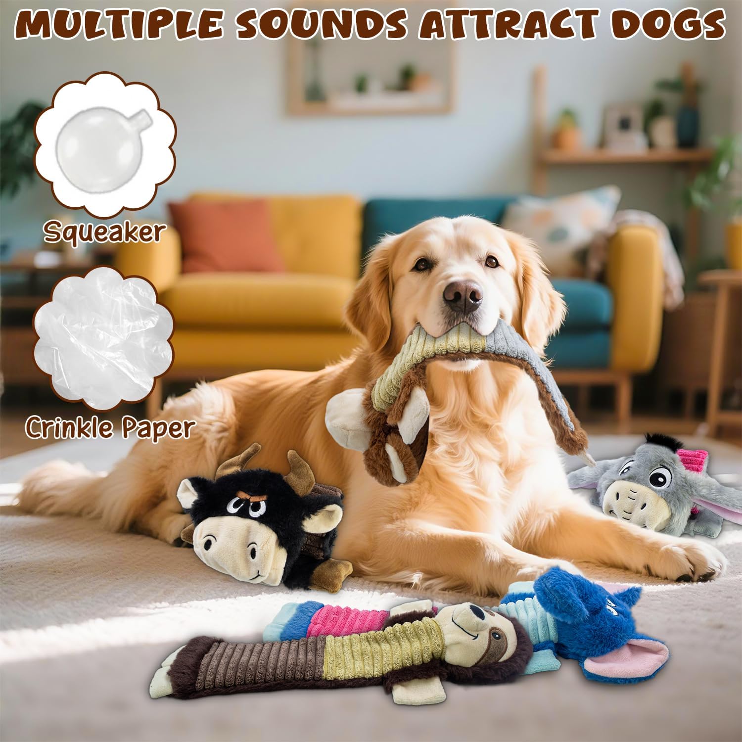 5 Pack No Stuffing Dog Squeaky Toys, Dog Chew with Crinkle and Squeaker, Cute Animal Plush to Keep Them Busy, Suitable for Large and Aggressive Chewers