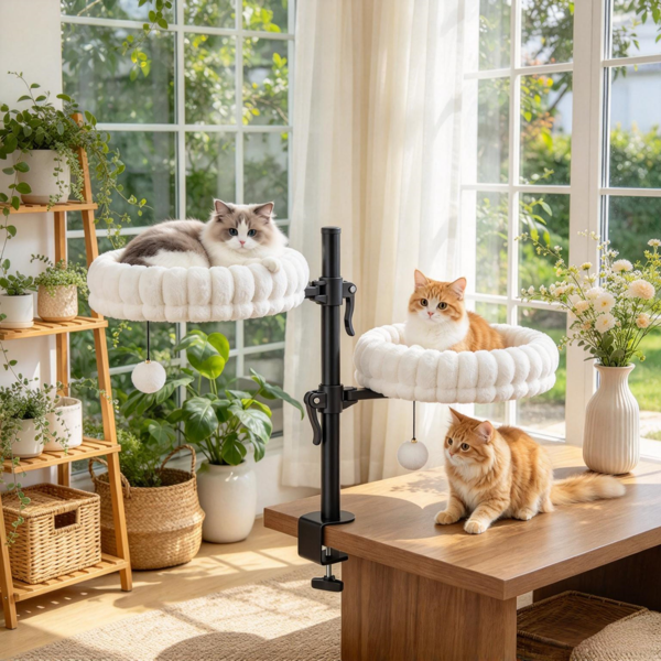 AEELLEEA Dual Cat Window Perch with 2 Plush Beds, Clamp-On Cat Bed with Hanging Toys, 15" Beds, White