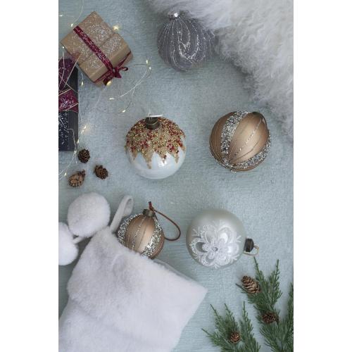 AEELLEEA 3.9" Bronze Glitter Striped Glass Christmas Ball Ornaments Set of 6, Hanging Baubles for Xmas Tree Holiday Home Decor