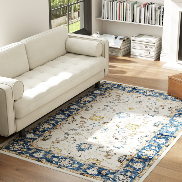 AEELLEEA Vintage Floral Area Rug, Blue and Ivory, Low-Profile Non-Slip Rug, 6 x 4 ft