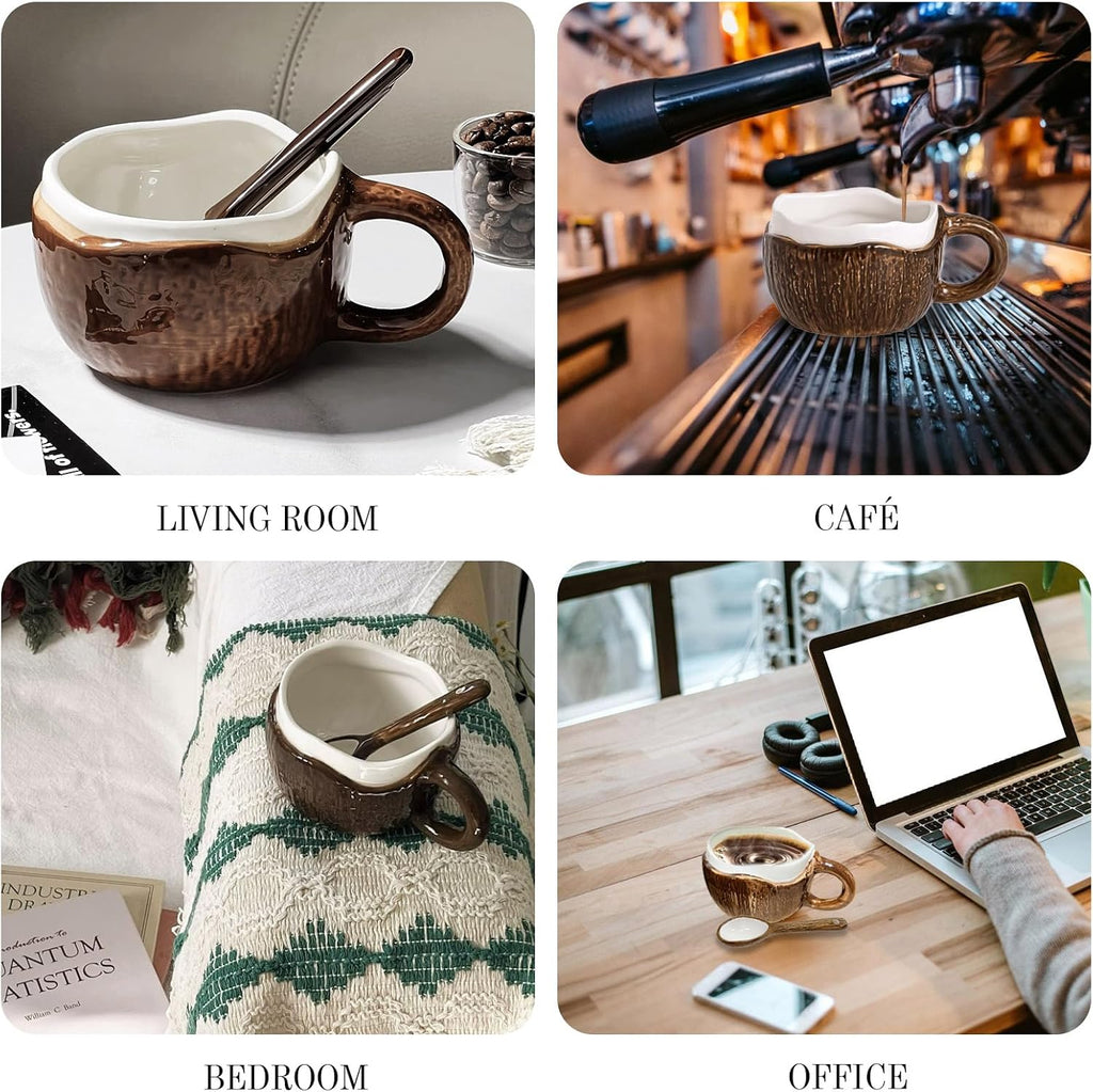 Coconut Shell Ceramic Coffee Mug with Spoon, 11.8oz Novelty Tropical Coffee Cup with Comfort Handle, Glossy Glaze Tea Mug for Home Office & Café