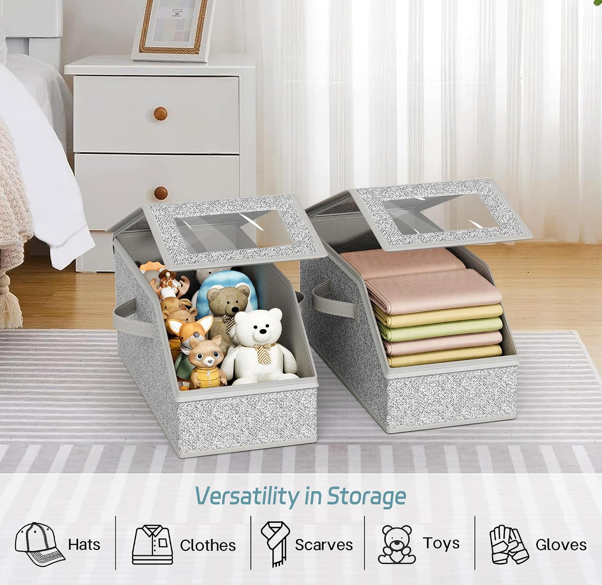 2 Pack Stackable Hat Storage for Baseball Caps, Holds up to 12 Caps Each, Grey Hat Organizer for Closet, Sturdy Cardboard Hat Boxes for Men