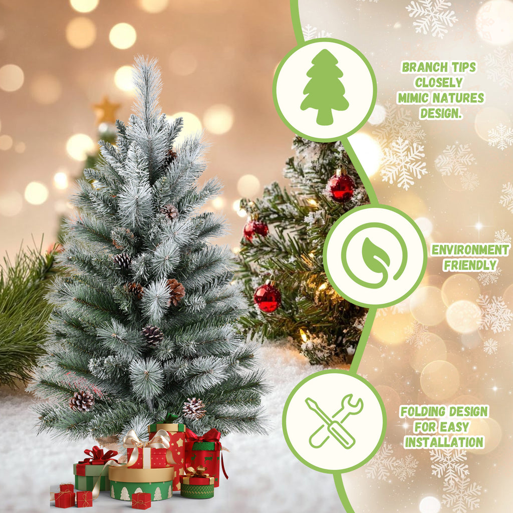 2ft Small Flocked Artificial Christmas Tree with Pinecones & Burlap Base, Tabletop Mini Christmas Tree for Home Holiday Decor