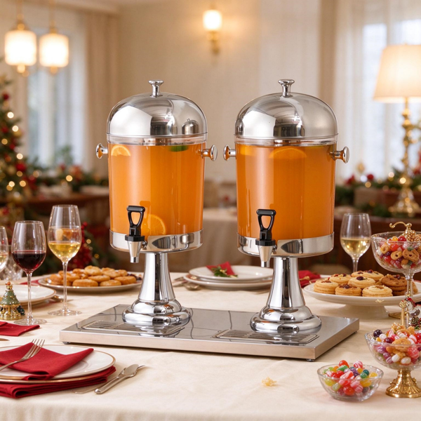Beverage Dispenser 2.1 Gallon Double, Stainless Steel Drink Dispenser with Spigot and Ice Tray Base, Party Drink Server
