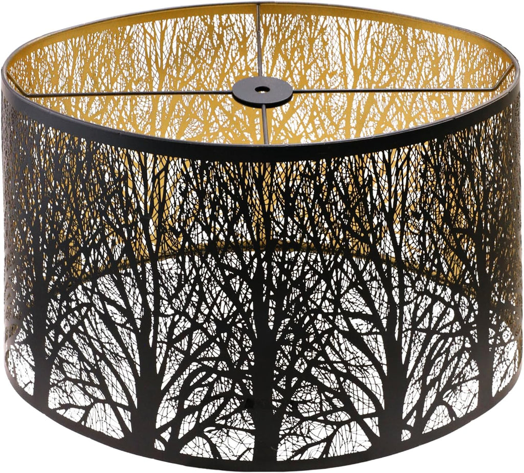 ALUCSET 14"×16"×9.5" Drum Metal Lamp Shade, Black Gold Forest Etched Tree Shadow Lampshade with Spider Fitter for Table & Floor Lamps