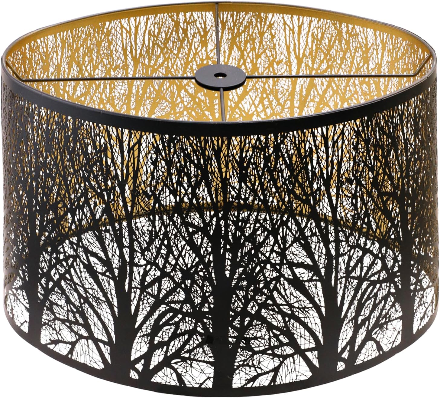 ALUCSET 14"×16"×9.5" Drum Metal Lamp Shade, Black Gold Forest Etched Tree Shadow Lampshade with Spider Fitter for Table & Floor Lamps