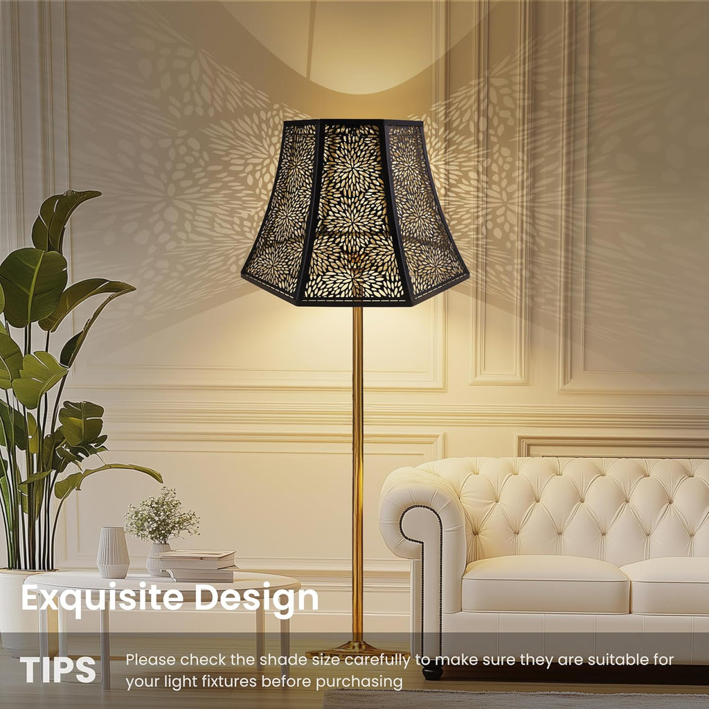 ALUCSET Metal Bell Lamp Shade 8x14x9 Inch Black Gold Large Chrysanthemum Etched Lampshade Spider Fitter for Floor Lamp Table Lamp Bedroom Living Room Replacement