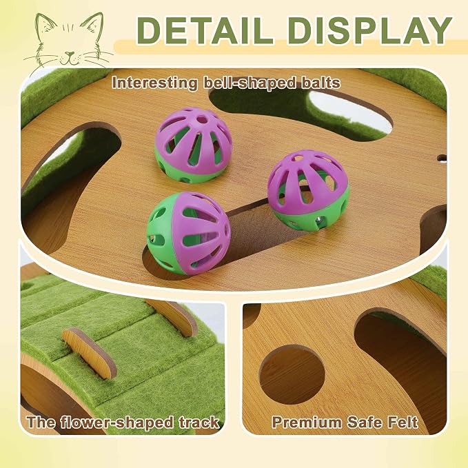 Interactive Cat Toy Ball Track, Wooden Cat Puzzle Toy with Bell Balls and Spring Pom-Pom, Cat Enrichment Activity Center for Indoor Cats Kittens
