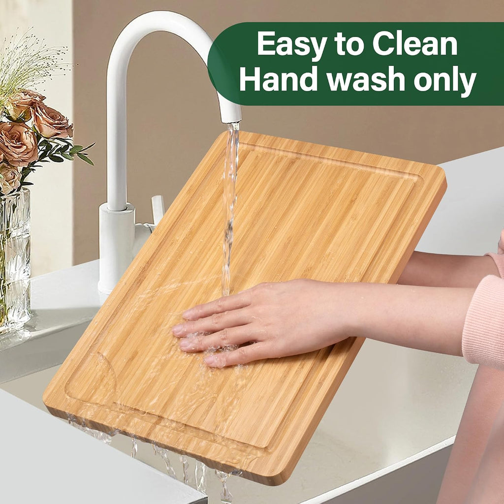 3 Piece Bamboo Cutting Board Set with Juice Groove and Handles, Thick Wooden Chopping Boards for Kitchen Meat Vegetables Fruit Cheese