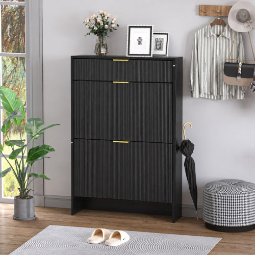 AEELLEEA Narrow Fluted Entryway Shoe Storage Cabinet, Freestanding Flip Drawer Shoe Rack with Gold Handles for Hallway Bedroom