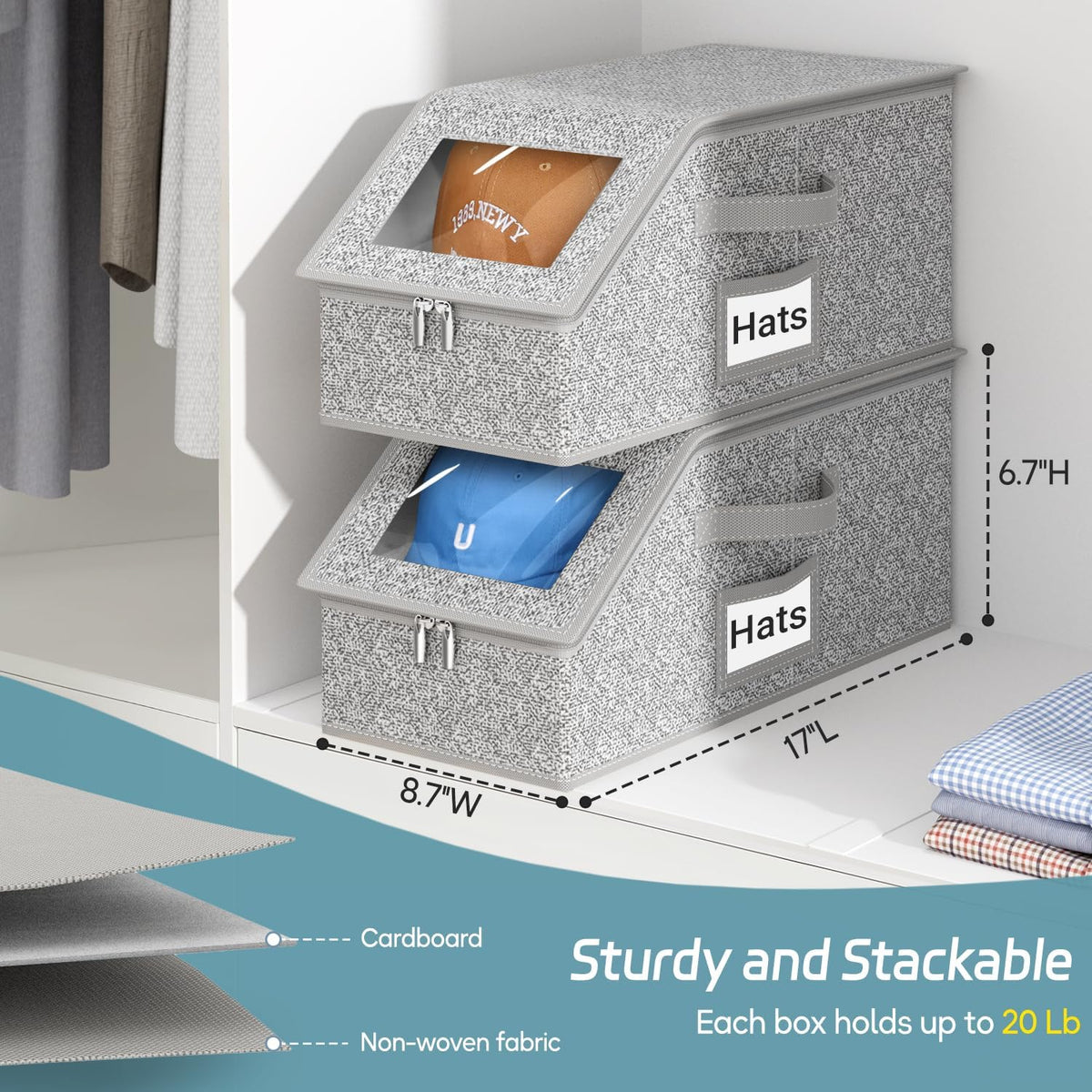 2 Pack Stackable Hat Storage for Baseball Caps, Holds up to 12 Caps Each, Grey Hat Organizer for Closet, Sturdy Cardboard Hat Boxes for Men