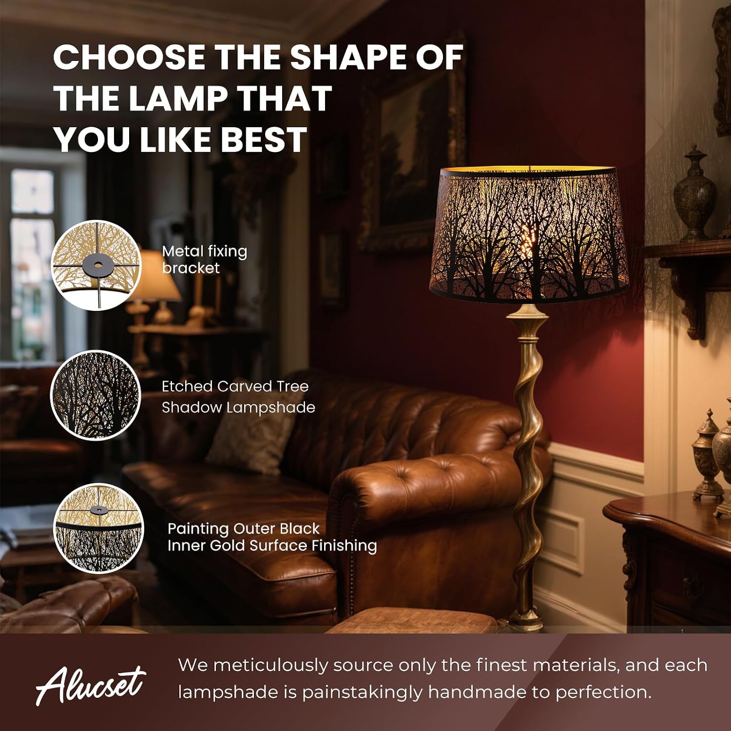 ALUCSET 14"×16"×9.5" Drum Metal Lamp Shade, Black Gold Forest Etched Tree Shadow Lampshade with Spider Fitter for Table & Floor Lamps