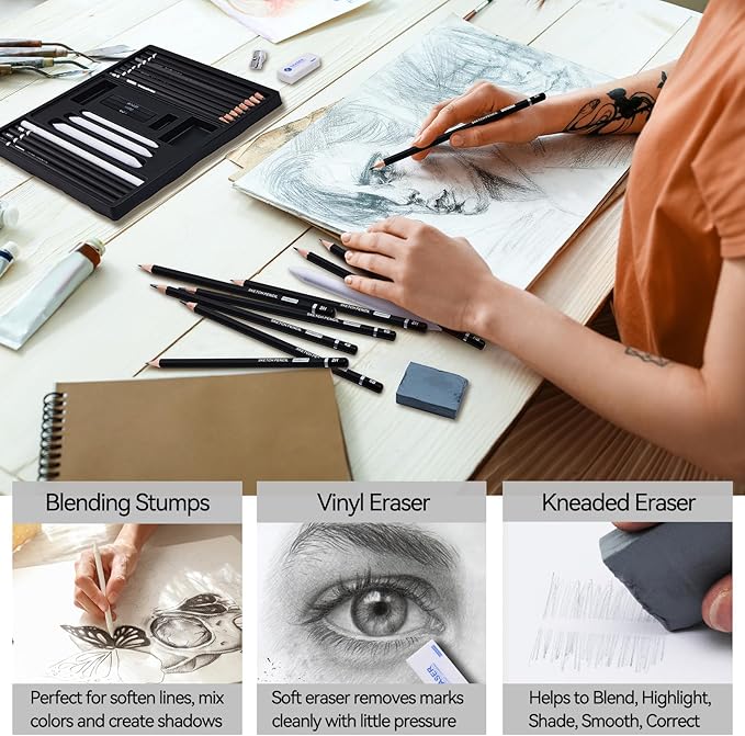 22 Piece Drawing & Sketching Pencil Set, Professional Art Kit with Graphite Pencils (12B-2H), Black & White Charcoal Pencils, Sticks, Blending Stumps, Eraser & Sharpeners